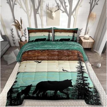 Imagem de Erosebridal Conjunto de cama camuflado, rústico, lobo, cabana rústica, tamanho Queen, para crianças, adolescentes e adultos, casa de fazenda, oeste, vintage, decoração de porta de celeiro