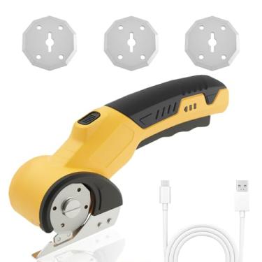 Imagem de Tesoura elétrica sem fio – Cortador de papelão rotativo recarregável de 3,6 V com trava de segurança e 3 peças de lâminas de substituição, mini cortador de caixa para tecido, tapete, plástico, couro