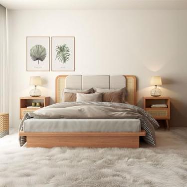 Imagem de Dalla Costa, Kit Quarto Completo Cama Cabeceira 2 Mesas Lateral com Palha Natural MDF Freijó Dalla Costa