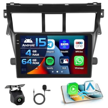 Imagem de Inefala Câmera de backup 4G 64G para Toyota Yaris Vios 2007-2012, rádio CarPlay, tela sensível ao toque de 9 polegadas na célula, Android 15, Android, Auto, Bluetooth 5.0, GPS, WiFi, 18UI