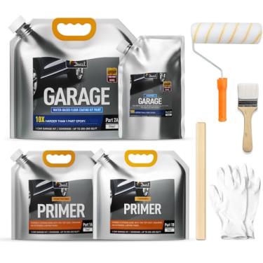 Imagem de DWIL Kit de epóxi para chão de garagem com primer, tinta de chão de garagem com ferramentas, revestimento epóxi para concreto - alto brilho, à base de água, baixo odor - 1 kit de carro, cinza claro
