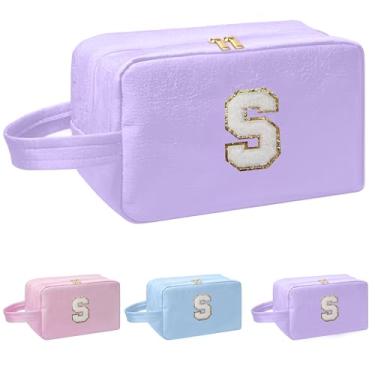 Imagem de I IHAYNER Bolsa de maquiagem inicial para mulheres, presentes de aniversário para meninas de 4, 5, 6, 7, 8, 9, 10, 11, 13, 14 anos, bolsa de cosméticos, bolsa de higiene pessoal, Roxa, S, P