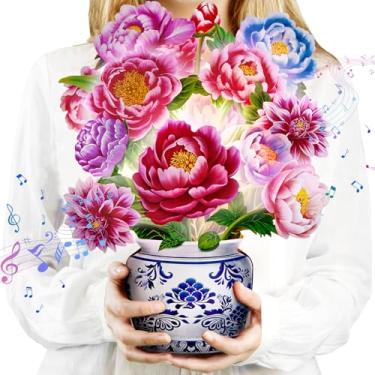 Imagem de Cartões de aniversário, luz e música, cartão de feliz aniversário, 14 polegadas, peônia, tamanho real, buquê de flores 3D, cartão de presente de aniversário pop-up 3D para mulheres, esposa, mãe, filha