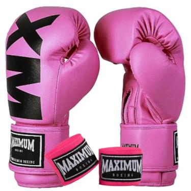 Imagem de Luva de Boxe Muay Thai Kickboxing MXM Branco e Rosa + Bandagem 3m Preto - Maximum (14oz)
