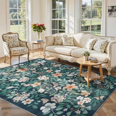 Imagem de Lahome Tapete lavável à máquina 12 x 18 cm, boho para quarto, floral, leve, azul-marinho, antiderrapante, tapete macio para sala de estar, sala de jantar, escritório em casa (azul-marinho, 12 x 17 cm