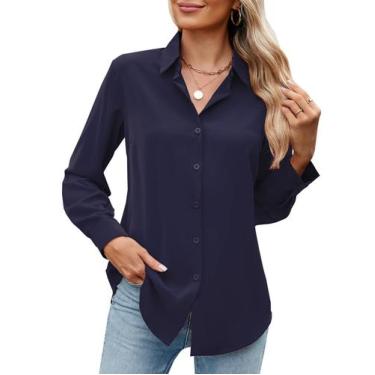 Imagem de Camisa feminina GlianTok com botões, manga comprida, azul marinho, XXL