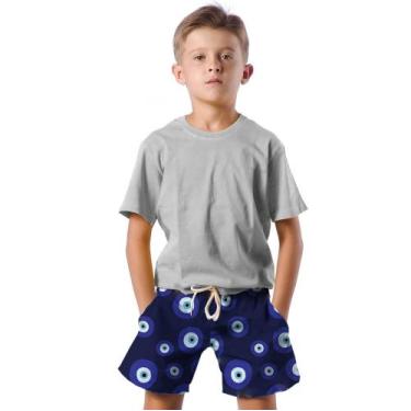 Imagem de Shorts Infantil Bermuda Calção Praia Verão Emoji Atração Azul Arte 67 