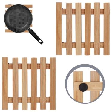 Imagem de Descanso De Panela Quadrado Madeira Ripado 14,5Cm Kit 02 Un