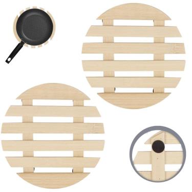 Imagem de Descanso De Panela Redondo Madeira Ripado 14,5Cm Kit 02 Un