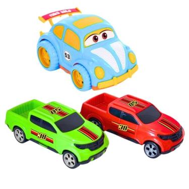 Imagem de Kit Brinquedo Completo 2 Caminhonetes Pickup 1 Fusquinha Carrinho Plástico Criança Menino Infantil