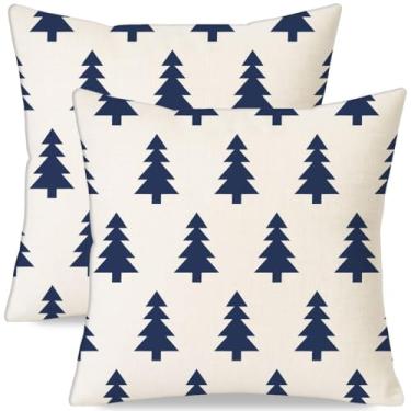 Imagem de HERHOME Conjunto de 2 capas de almofada decorativas para casa de fazenda, azul marinho em creme, 45,7 x 45,7 cm, capas de almofada para ambientes externos para cama de casa sofá XHP-283-18