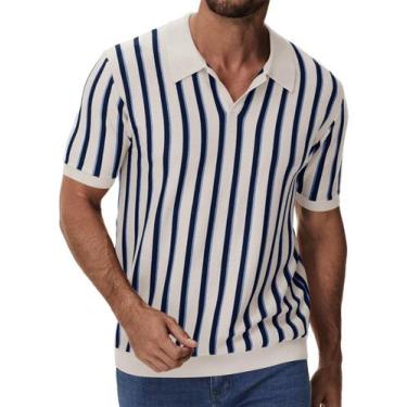 Imagem de Camisa polo iWoo Knit para homens, manga curta, listrada, damasco M