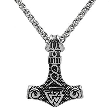 Imagem de GuoShuang Nordic Viking Mjolnir Thor Hammer Valknut Colar de aço inoxidável para homens com bolsa de presente Valknut Prata