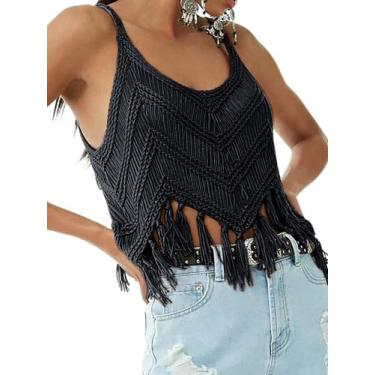 Imagem de Top corto de crochet con flecos para mujer, color negro, talla XL - Ma