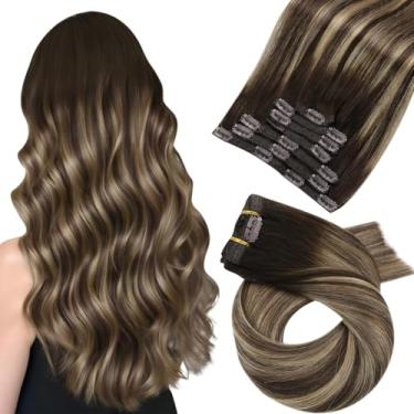 Imagem de Moresoo Extensões de cabelo real clipe em cabelo humano marrom a caramelo loiro balayage extensões de cabelo 55 cm 100% humano clipe em extensões de cabelo entrelaçado duplo 7 peças 100 g