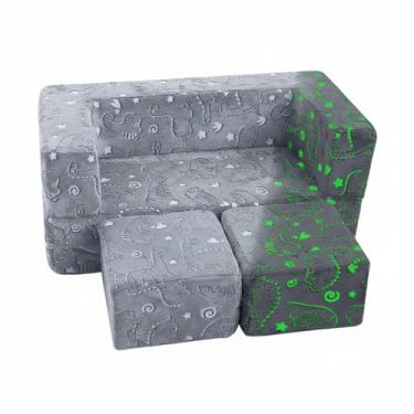 Imagem de MeMoreCool Sofá infantil modular de dinossauro que brilha no escuro, sofá infantil de espuma conversível para salas de jogos pequenas, capa de veludo lavável, cinza