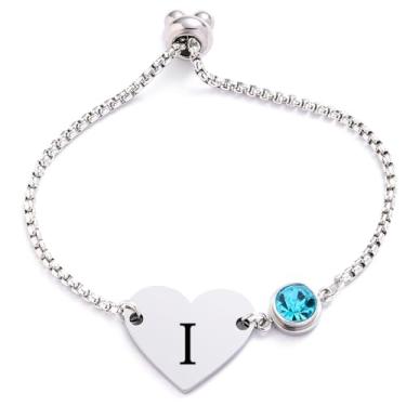 Imagem de Eilygen Pulseira de pedra do mês de nascimento com inicial de coração ajustável de aço inoxidável para mulheres, aniversário, dia dos namorados, presente personalizado para ela, Large, Aço inoxidável