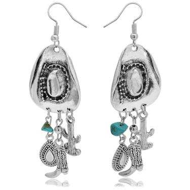 Imagem de Brincos vintage de chapéu de caubói ocidental, para mulheres, cacto turquesa, navajo, botas de pérola, boêmio, country, concerto, concho, brincos pendentes, Zinco, Sem pedra preciosa