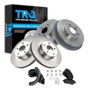 Imagem de TRQ Pastilha de freio dianteiro e traseiro e rotor, kit de sapata e tambor semi-metálico compatível com Subaru Forester 1998-2002