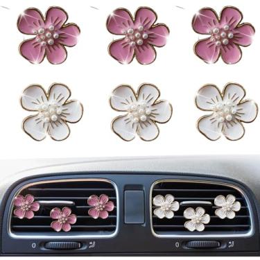 Imagem de 6 peças de clipes de ventilação para purificadores de ar de carro, flores fofas, acessórios de carro para mulheres e meninas - Decorações de ventilação estéticas interiores automotivas (branco + rosa)