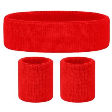 Imagem de Conjunto de faixa de cabeça e pulseiras – Faixas de suor neon dos anos 80 Fun Run Team Building Event Fancy Dress 90s Acessórios de festa academia (vermelho)