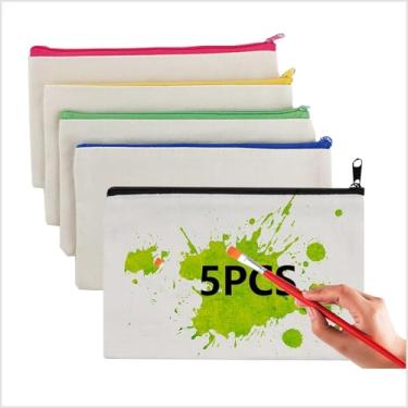 Imagem de Estojo de lápis de lona com zíper colorido, conjunto de 5 porta-lápis, ideal para artigos de papelaria e viagens