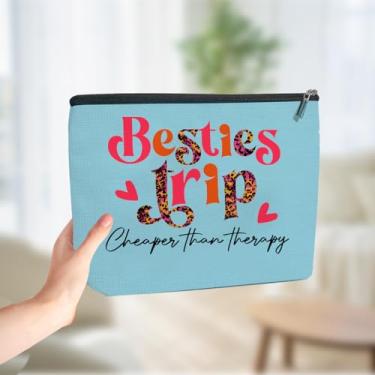 Imagem de Besties Conjunto de viagem bolsa de maquiagem, lembrancinhas engraçadas de viagem para meninas, presentes de fim de semana para meninas, melhores amigas, férias de verão, bolsa cosmética, amizade