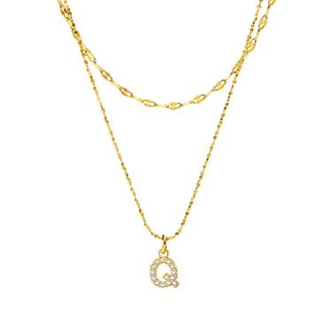 Imagem de Rockyu Colar feminino com inicial de ouro em camadas com pingente de letra Q, corrente dupla delicada banhada a ouro 14K, joia minimalista para presente de aniversário, Dia dos Namorados