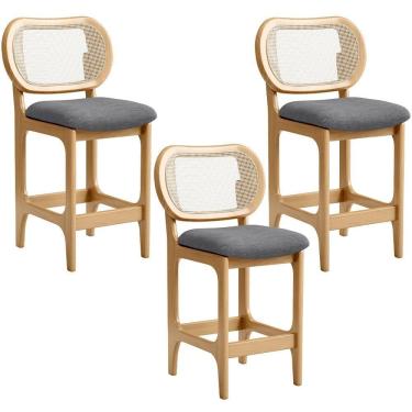 Imagem de Kit 3 Banquetas Baixa Bar Cozinha Sala De Jantar Betta L02 Mel Tela Linho Cinza Escuro - Lyam Decor