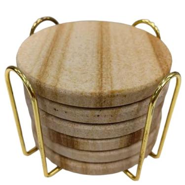 Imagem de YONGHEE Conjunto de 6 porta-copos de arenito com suporte, porta-copos de mármore redondos modernos elegantes para decoração de mesa de café, porta-copos de pedra absorvente para bebidas, 10 cm