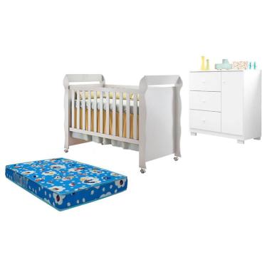Imagem de Berço Americano Mirelle e Cômoda Infantil Duda Branco Brilho com Colchão Ortobom – Phoenix Baby