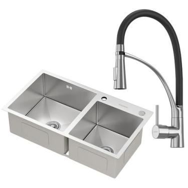 Imagem de Kit Cuba Dupla Gourmet Nápoles Aço Inox 304 e Torneira Gourmet Florenç