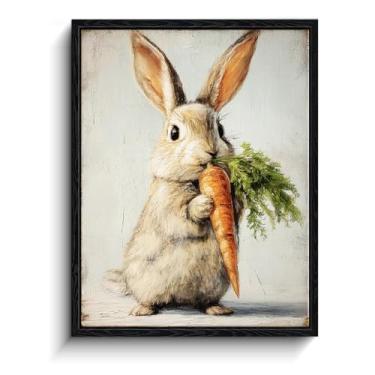 Imagem de Arte de parede de coelho coelho, coelho fofo com cenoura, decoração de parede de berçário, impressão em tela emoldurada com acabamento fosco, arte de pôster infantil, para quarto de bebê de berçário