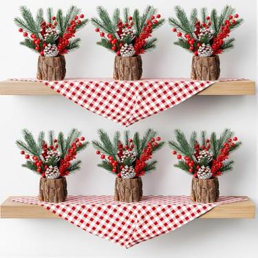 Imagem de Giegxin Pacote com 6 árvores de Natal artificiais de mesa para decoração de mesa central, 28 cm em vaso de pinheiro, ramos de agulha com pinhas, frutas vermelhas e cachos de azevinho para decoração de