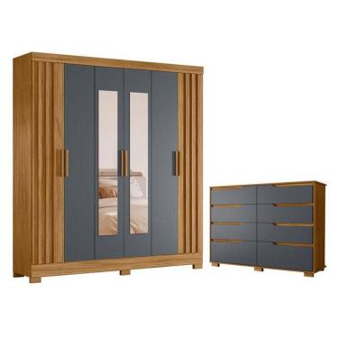 Imagem de Guarda Roupa Casal Valença Com Espelho E Cômoda Georgia Freijó Cinza - Moval