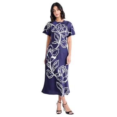 Imagem de Maggy London Vestido feminino feminino de manga curta e gola redonda - Vestido midi elegante para convidados de casamento, Azul-marinho/marfim, 36