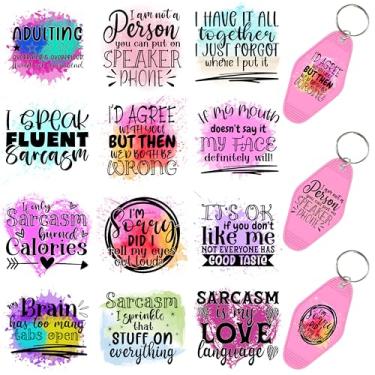 Imagem de 60 peças de papéis de transferência de chaveiro UV DTF - Decalques de vinil para chaves e etiquetas de bagagem, desenhos engraçados com revestimento resistente a arranhões, papéis de transferência