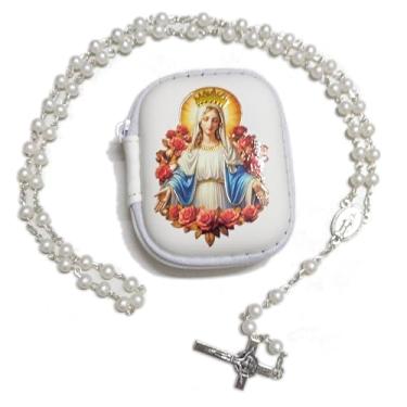 Imagem de PLONKLY Rosário católico para mulheres – contas de pérola com cruz clássica, caixa de oração com zíper da Virgem Maria, presentes de primeira comunhão, joia de confirmação de batismo, 6mm, Zinco, Sem