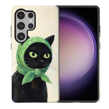 Imagem de CARLOCA Capa protetora brilhante para Samsung Galaxy S25 Ultra Full Body para meninas meninos à prova de choque estampa estética bonito desenho animado preto gato verde cachecol