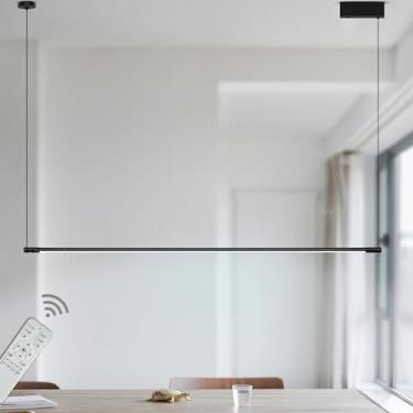 Imagem de Luminária pendente linear preta e branca para sala de jantar, luminária pendente moderna com LED, lustre com altura ajustável para quarto, escritório ou bar, luminária suspensa de 140 cm de