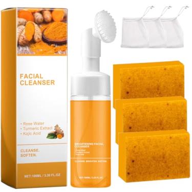 Imagem de hadaclub Conjunto de duas peças para lavar e cuidar de açafrão Tuemeric para limpeza facial e sabão de açafrão, mousse de limpeza de açafrão, para todos os tipos de pele (1 sabonete de açafrão + 3