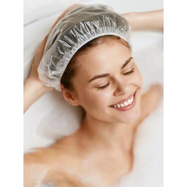 Imagem de 100 toucas de banho descartáveis, toucas de banho elásticas espessas à prova d'água, protetores de cabelo de plástico transparente para mulheres e homens, itens essenciais de viagem para salão de spa