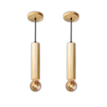 Imagem de Kit 2 Luminárias Pendentes Cilindro Tubo de Madeira Maciça 1 Metro E27