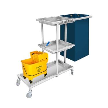 Imagem de Carrinho de limpeza de aço inoxidável, carrinho de limpeza comercial de 3 prateleiras, carrinho de limpeza, com rodas e saco de vinil (azul)