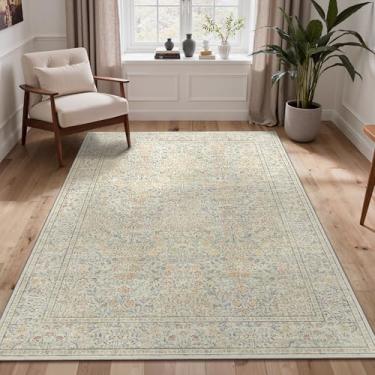 Imagem de GENIMO Tapetes vintage 12 x 18 cm para sala de estar e quarto, tapete pequeno antiderrapante lavável para sala de jantar, entrada e cozinha, tapete de destaque resistente a manchas (bege)