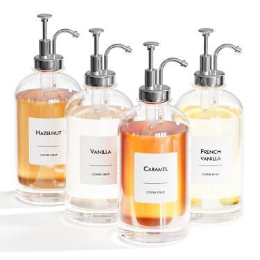 Imagem de Conjunto de dispensador de xarope de café de 720 g - 4 garrafas de vidro com bumper de prata e etiquetas de xarope - Dispensação precisa e adição elegante para cafeteria, café ou bar doméstico