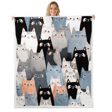 Imagem de jejeloiu Cobertor de lã de ovelha com estampa de gato fofo, felpudo, felino, para meninos e meninas, animais Kawai para cama, sofá, cadeira, sala de estar, decoração de quarto, 101,6 x 127 cm