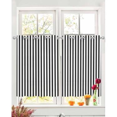 Imagem de Cortinas transparentes listradas pretas e brancas 137 cm de comprimento, conjunto de 2 painéis, cortinas modernas minimalistas geométricas listradas para cozinha, cortina transparente para sala de