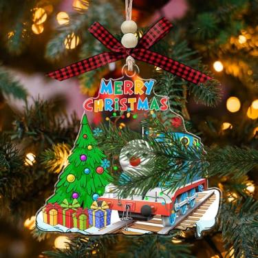 Imagem de Enfeite de acrílico de Natal com desenho de trem azul, decoração de árvore de férias, ornamento de desenho animado de trem estilo Thomas para crianças, meninos, meninas, fãs (com laço vermelho e