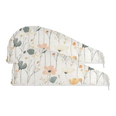 Imagem de SEHANY Toalha de cabelo de microfibra de flores coloridas elegantes para mulheres, 2 peças, turbantes de cabelo de secagem rápida com botão, touca de cabelo seco absorvente toalha de secagem de cabelo